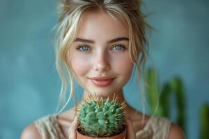 AI generated A girl holds a flower pot with a green cactus. Environmental protection and activism. Gardening and planting plants at home photo