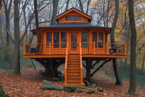 ai generado linda pequeño árbol casa para niños en el bosque foto