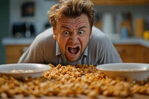 AI generated A screaming Emotional man and a pile of cornflakes in front of him photo