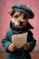 AI generated A dog in a hat and clothes reads a letter on a pink background photo
