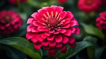 AI generated Blossom lilac zinnia flower on a green background on a summer day macro photography. photo