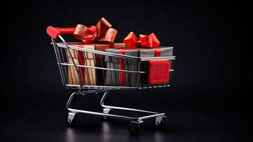 AI generated Shopping cart with many gift boxes gift box with red ribbon on dark black background, Black Friday photo