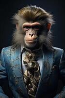 AI generated Macaque monkey dressed in a classy red suit, standing as a successful leader and a confident photo