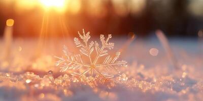 AI generated Winter season outdoors landscape, snowflake shape in nature on a forest ground covered with ice and photo