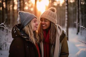 AI generated Happy smiling lesbian couple in love, girlfriends hugging and smiling in a snowy forest, winter photo