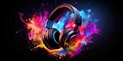 AI generated Stereo headphones exploding in festive colorful splash, dust and smoke with vibrant light effects on photo