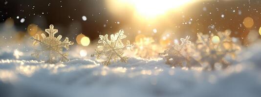 ai generado mágico invierno antecedentes con nieve, copos de nieve y suave bokeh luces en azul cielo, frio fondo para foto