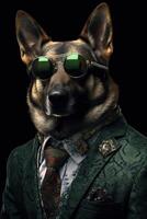 AI generated Dog, German Shepherd, dressed in a modern suit with jacket. Fashion portrait of an anthropomorphic photo