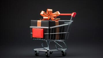 AI generated Shopping cart with many gift boxes gift box with red ribbon on dark black background, Black Friday photo