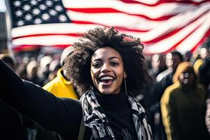 ai generado un joven determinado africano americano mujer en frente de el Estados Unidos bandera, positivo, orgulloso y seguro, foto