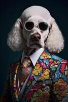 ai generado perro, blanco caniche, vestido en un elegante moderno traje con un bonito atar, vistiendo Gafas de sol. Moda foto