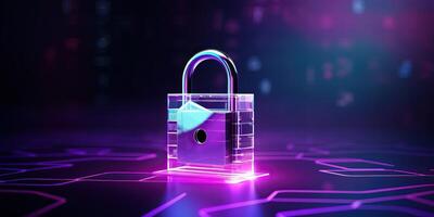 AI generated Digital padlock for computing system on dark purple blue background, cyber security technology for photo