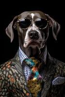 ai generado perro Staffordshire toro terrier vestido en un elegante traje con un bonito atar. Moda retrato de un foto