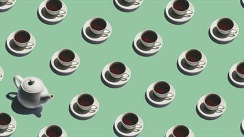 mönster med ensam tekanna och många koppar av te animerad. te muggar flytta i annorlunda vägbeskrivningar. 4k video