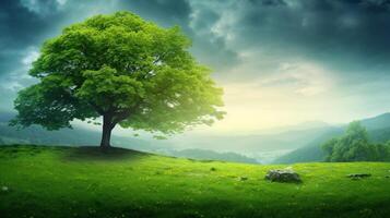 ai generado un verde árbol en un campo con el Dom brillante en eso foto