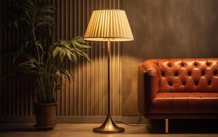 ai generado un lámpara y un silla en un habitación con un lámpara en el pared foto
