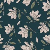 Decorative pattern of flowers, leaves and branches of magnolia. Vector illustration. For nature, eco and design. Hand-painted plants for fabrics, packaging.