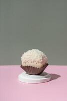 Coconut macaroon on a podium on pastel pink-green background photo