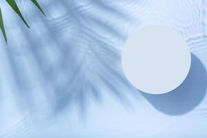 Empty podium or pedestal with water ripple and palm leaf shadow flat lay, top view. Summer cosmetic template, mock up photo