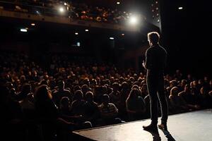 AI generated Rear view of a businessman standing in front of the audience at the hall. The concept of performing on stage, public speaking photo