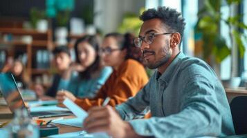 ai generado financiero planificación taller con un experimentado tutor y un comprometido grupo de aprendices en un acogedor oficina foto