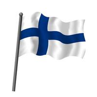 Finland flag on flagpole waving in wind. Finnish flag red with white cross vector isolated object illustration