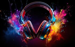 AI generated Stereo headphones exploding in festive colorful splash, sparkles and glitters with vibrant light photo