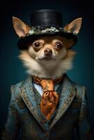 ai generado perro chihuahua vestido en un elegante moderno traje con un bonito atar, vistiendo gorra. Moda retrato de un foto