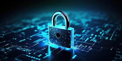 AI generated Digital padlock for computing system on dark blue background, cyber security technology for fraud photo
