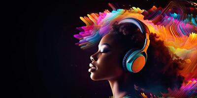 ai generado africano mujer vistiendo auriculares, disfrutando música latidos, sensación emociones en vibrante color legumbres, foto