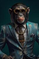 ai generado mono chimpancé vestido en un elegante traje con un bonito atar. Moda retrato de un antropomórfico foto