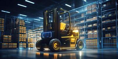 AI generated Forklift doing storage in warehouse by artificial intelligence automation. Robotics applied to photo