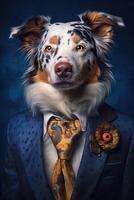 AI generated Dog Australian Shepherd dressed in an elegant suit with a nice tie. Fashion portrait of an photo