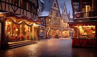 AI generated Enjoying Christmas Market, a couple walking near stalls, charming Festive Christmas market, holiday photo