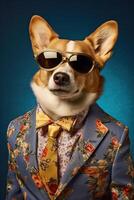 AI generated Dog, Corgi dressed in an elegant modern floral suit. Fashion portrait of an anthropomorphic animal, photo