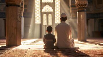 ai generado espalda ver de un musulmán padre y hijo Orando en mezquita, islámico concepto, Ramadán Orando foto