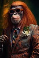 ai generado orangután vestido en un elegante moderno naranja traje con un bonito atar. Moda retrato de un foto