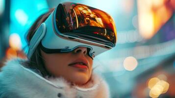 AI generated A young woman wearing a virtual reality headset, focusing on the technology, colorful bokeh background adds an element of depth and intrigue, suggesting a dynamic and interactive photo