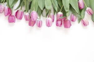 Floral background with tulips flowers on white background. Flat lay, top view. Lovely greeting card with tulips for Mothers day, wedding or happy event photo