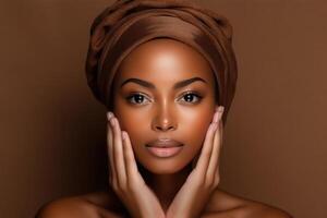 ai generado belleza retrato de africano americano niña con natural constituir. foto