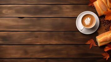 AI generated A cup of coffee with bread on wood background with  with copy space. photo