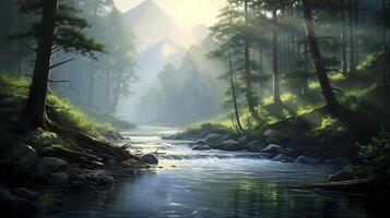 AI generated A natural view of forest and river with mountain background in the morning with sun ray photo