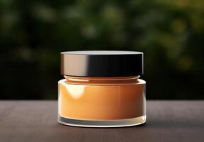 AI generated yellow cosmetic cream product on a table behind drak blur background photo