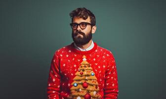 AI generated Studio portrait of handsome happy bearded man wearing christmas ugly sweater with ornament, posing photo