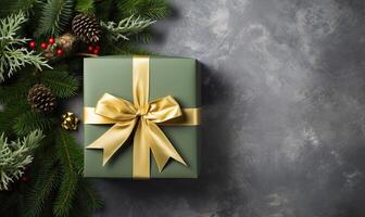 AI generated Christmas and New Year Holiday Background with green gold Gifts, Greeting Card, wide banner, festive photo