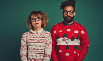 AI generated Young happy couple friends, man woman wear Christmas ugly sweater Santa hat posing spread hands photo