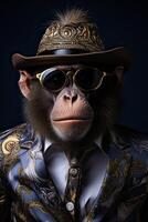 AI generated Monkey gorilla dressed in a classy red suit, standing as a successful leader and a confident photo