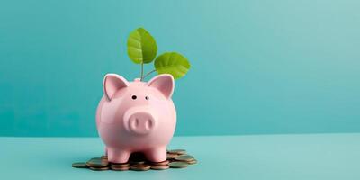 ai generado rosado cerdo cerdito banco, un apilar de oro monedas y un verde planta creciente, aislado en azul antecedentes. foto