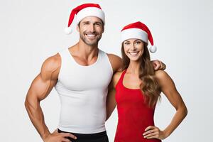 AI generated A sporty couple man woman wearing father christmas santa hat. Holiday healthy lifestyle, isolated on photo