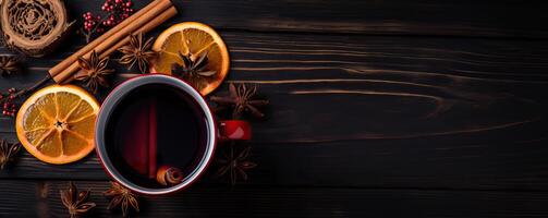 AI generated A glass of Christmas winter mulled red wine with spices cinnamon , orange, top view, flat lay, photo